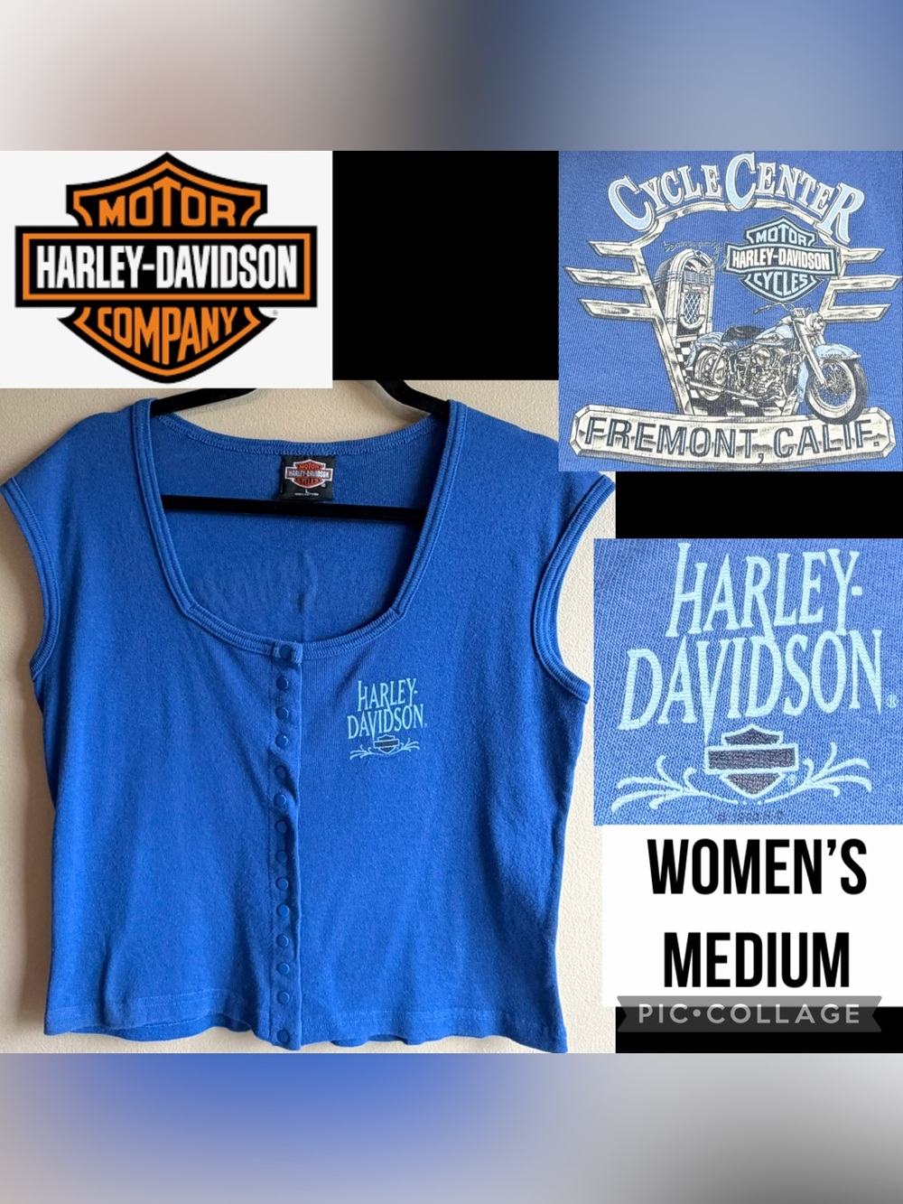 VTG Harley Davidson Womens Top 90s Blue Snap Front Low Cut Fremont CA Sexy Sz L